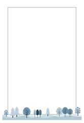 青い木々の喪中・寒中見舞いはがきタテ枠線アリ
