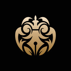 Pen Ornate Luxury Creative Business Logo, Feather quill pen author gold logo design icon classic stationery illustration