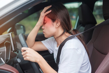 Obraz na płótnie Canvas woman feeling stress and angry during drive car long time. Asian girl tired and fatigue having headache stop after driving car in traffic jam. Sleepy, stretching and drunk concept