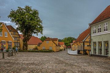 Obraz premium Cobbled square with roses and vintage timber framed houses in the dusk evening light