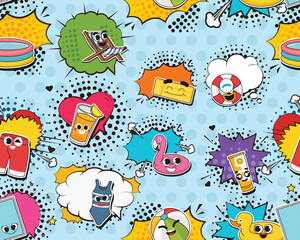 Vector flat seamless texture pattern Hand drawn flat trendy cartoon elements collection Pool Party