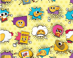 Vector flat seamless texture pattern Hand drawn flat trendy cartoon elements collection Potato chips