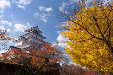 紅葉と会津若松城の天守閣