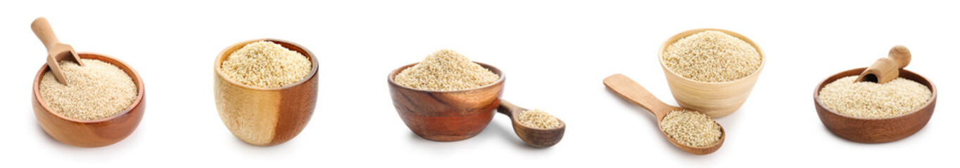 Collage of white sesame seeds on white background
