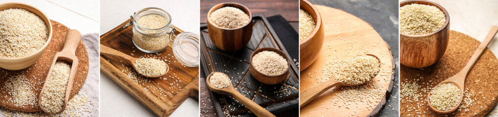 Collection of white sesame seeds on table