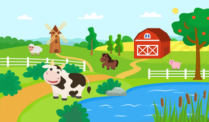 Farm animals. Farming with cow, horse, sheep and pig. Pond and field landscape