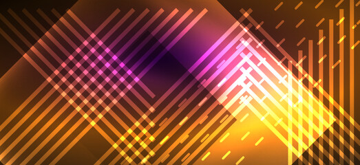 Background wallpaper neon glowing lines and geometric shapes. Dark wallpaper for concept of AI technology, blockchain, communication, 5G, science, business and technology