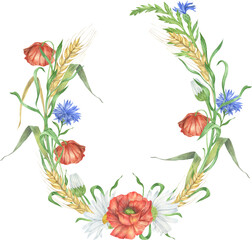 Watercolor wildflowers  frames. Wildflowers wreath. Daisy and poppy composition perfect for invitation. Summer  flower arrangement