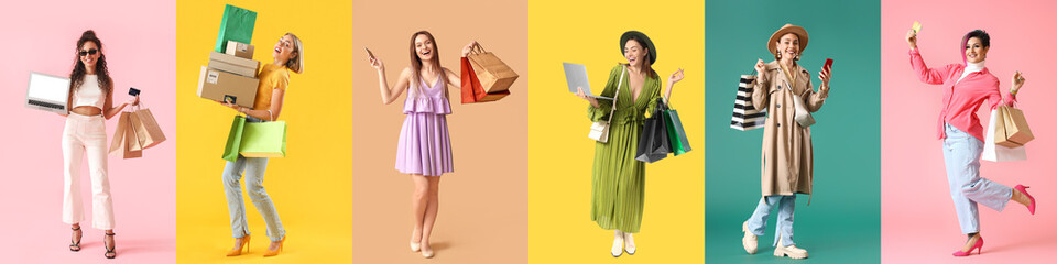 Set of women with bags, laptops and parcels on color background. Online shopping