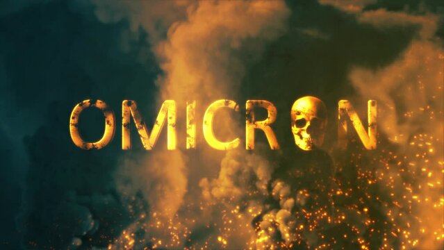 Text omicron with human skull on bg with fire and smoke - loop video