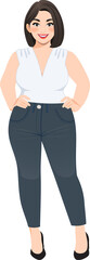 Plus size female in white sleeveless shirt and jeans standing cartoon