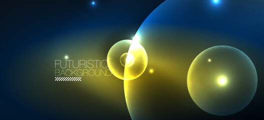 Abstract background with neon glowing light effects. Round shapes, triangles and circles. Wallpaper for concept of AI technology, blockchain, communication, 5G, science, business and technology