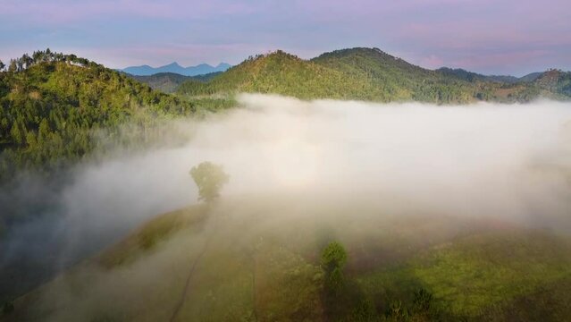Drone shot of a foggy mountain