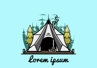 Large glamping tent with heater and chimney illustration design