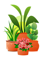 Indoor plants and flowers. In ceramic pots. Still life. Homemade beautiful herbs. Isolated on white background. Cartoon fun style. Vector