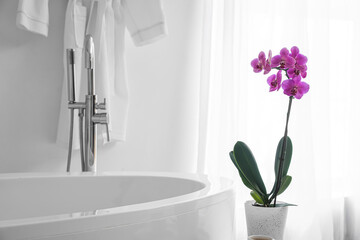 Beautiful orchid flower on table near bathtub