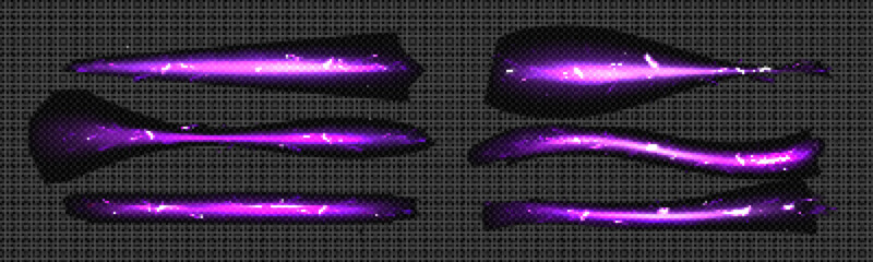 Purple fire lines with light sparks, cracker trail effect. Isolated petard sparkles, magic spell, weapon or wand trace. Bright glowing comet, flying asteroid, violet stripes, Realistic 3d vector set - obrazy, fototapety, plakaty