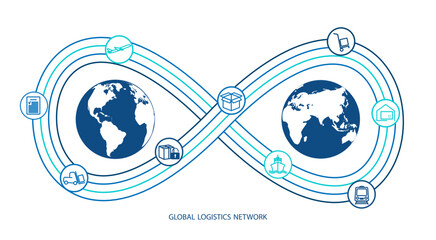 Global logistics network. Map global logistics partnership connection in blue. Infinity concept.  White similar world map and logistics icons for your design.  EPS10.