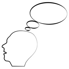 Contour of human head with empty speech bubble from brain isolated on white background. Design element.