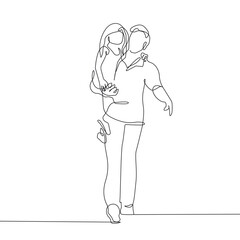 Happy Family Continuous Line Drawing. Peoples Silhouette Black Sketch on White Background. Father with Daughter Line Art Drawing. Vector Illustration.