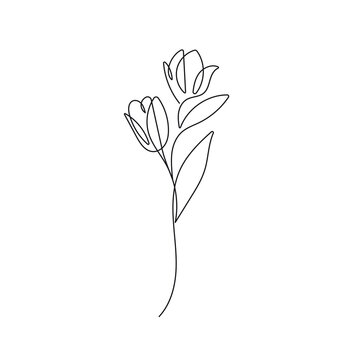 Continuous Line Drawing Of Plant Black Sketch of Flowers Isolated on White Background. Flowers One Line Illustration. Minimalist Botanical Art Design. Vector EPS 10.