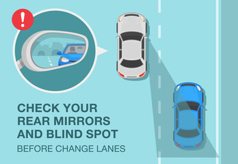 Safe driving rules and tips. Check your mirrors and blind spot before change lanes. Close-up view of a vehicle wing mirror. Top view. Flat vector illustration template. - obrazy, fototapety, plakaty