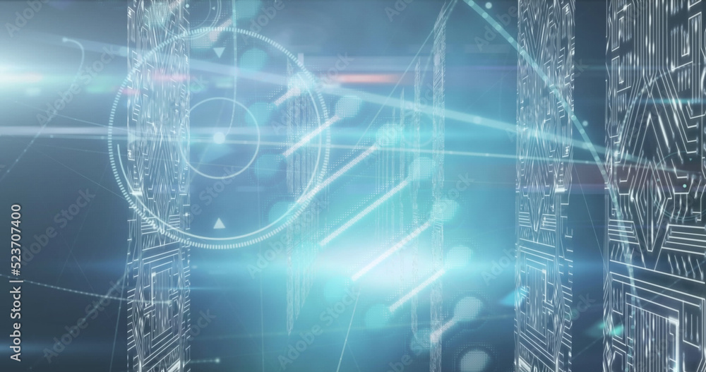 Poster image of dna structure spinning over screens of microprocessor connections on blue background