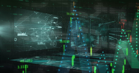 Image of chains over data processing and digital screens