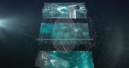 Image of fingerprint over shapes and digital screens