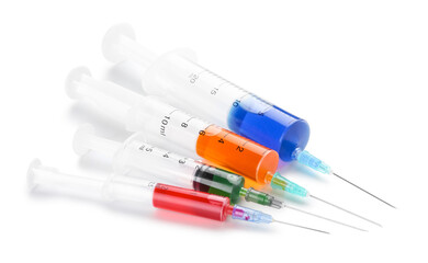 Different medical syringes with vaccine on white background