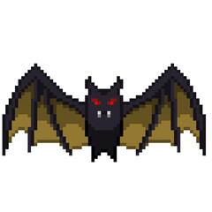 An 8-bit retro-styled pixel-art illustration of a bat with light orange wings and red eyes.