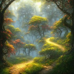 Fabulous mysterious forest of magical trees. Rays of sun break through foliage and branches of trees. Path through thicket of the forest. 3d illustration