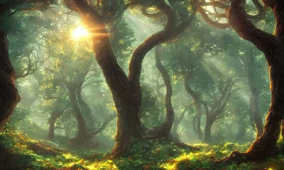 Poster Morning in the fairy forest. The sun illuminates the foliage and tree trunks. Morning haze, fog. 3d illustration © Mars0hod