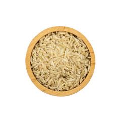 Pile of brown rice, unpolished rice, half milled rice, milled rice imperfectly cleaned isolated on white background.Food concept from whole grains. Top view, Flat lay