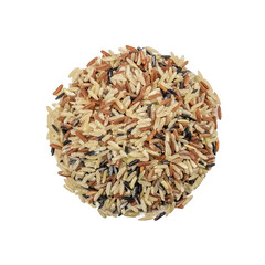 Pile of brown rice, unpolished rice, half milled rice, milled rice imperfectly cleaned isolated on white background.Food concept from whole grains. Top view, Flat lay