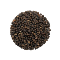 Pile of black pepper seed isolated on white background.Spices or seasonings Herb concept from whole grains. Top view, Flat lay