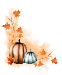 Naklejka na ściany i meble Pumpkin and autumn leaves watercolor illustration
