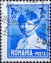 ROMANIA - CIRCA 1928: a postage stamp from Romania, showing the portrait of Michael I of Romania (1921-2017). Circa 1928