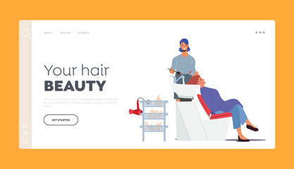 Hair Styling and Beauty Landing Page Template. Young Woman Sitting at Sink, Hairdresser Master Painting Client Hair