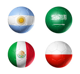 Qatar football 2022 group C flags on soccer balls. 3D illustration isolated on white background