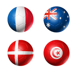 Qatar football 2022 group D flags on soccer balls. 3D illustration isolated on white background