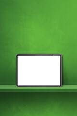 Digital tablet pc on green wall shelf. Vertical background banner