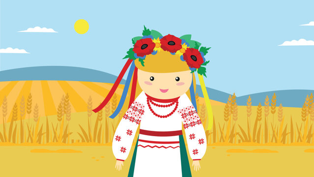 A girl in a Ukrainian vyshyvanka and a wreath stands in a wheat field