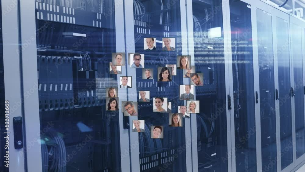 Aufkleber animation of diverse people portraits and data processing over server room
