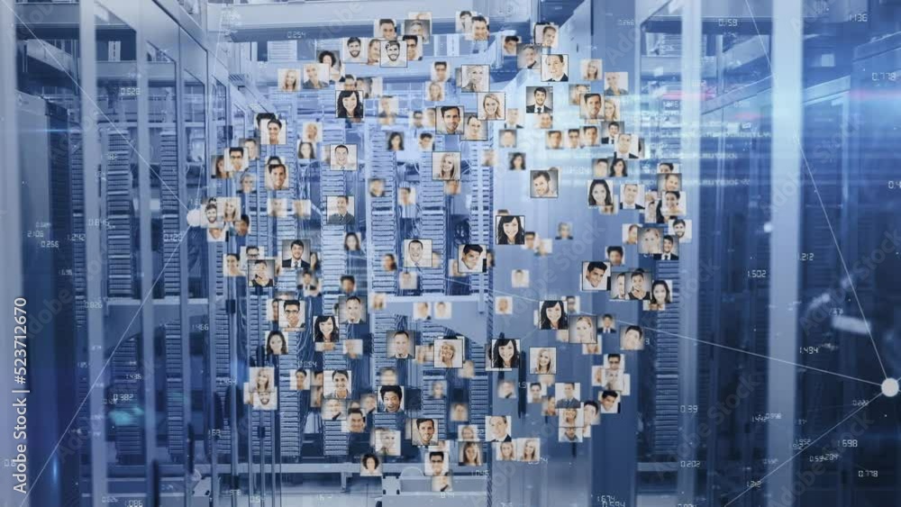 Poster animation of diverse people portraits and data processing over server room
