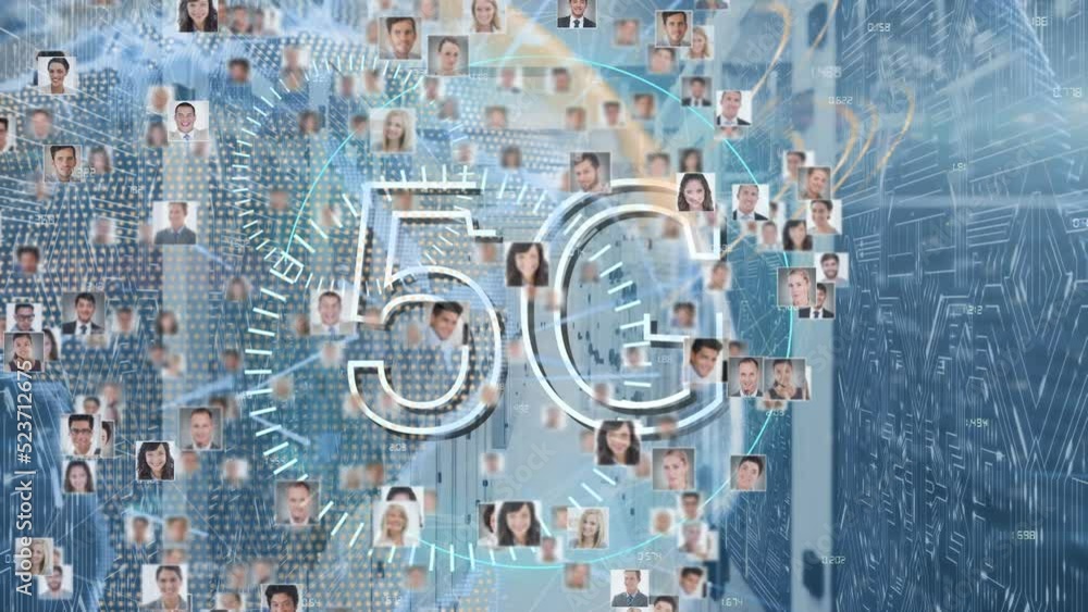 Aufkleber animation of 5g text with scope scanning and diverse people portraits over server room