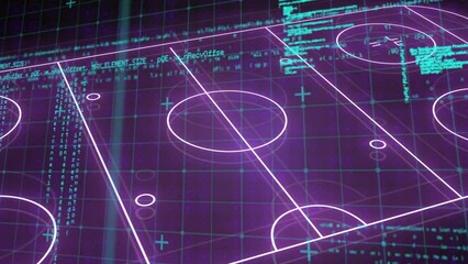 Animation of data processing over neon sport field plans on black background - Powered by Adobe