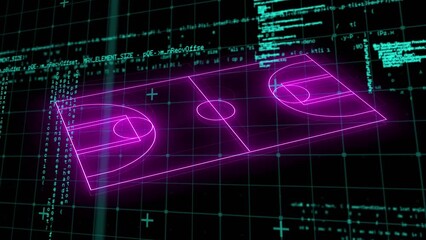 Animation of data processing over neon sport field plans on black background