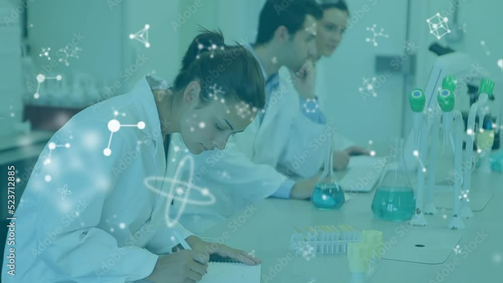 Poster animation of molecules over diverse scientists in lab