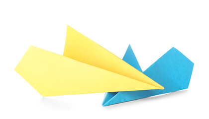 Paper planes in colors of Ukrainian flag on white background